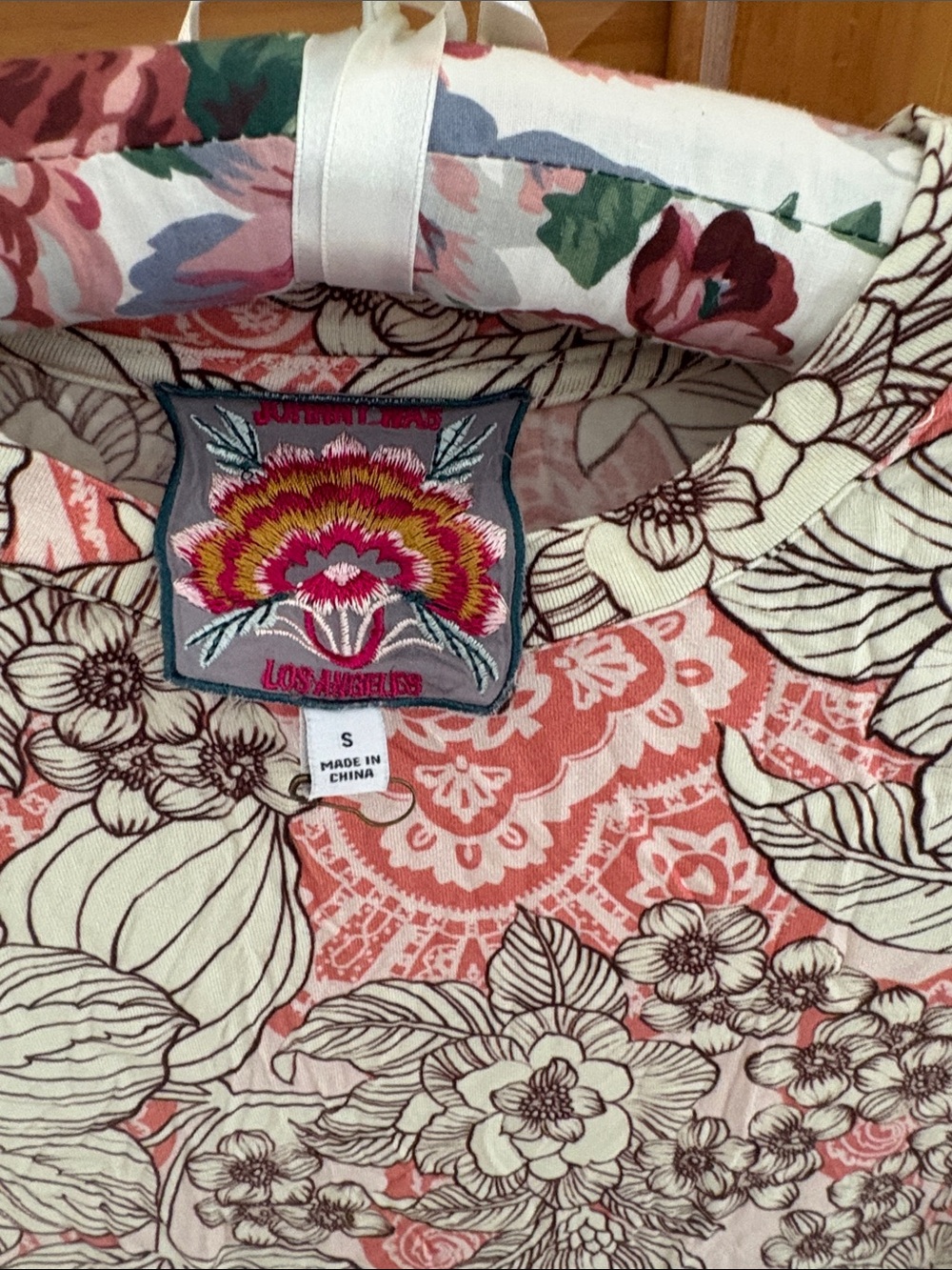 Johnny Was Floral Print Short-Sleeve Top in Coral and White - Picture 2 of 5
